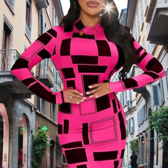 Vibrant Barbiecore Pink Geo Print Bodycon - Picture 6 of 16